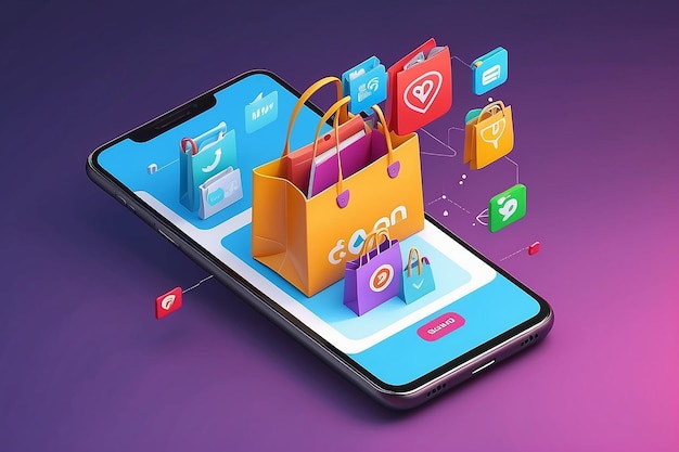 Het concept van online winkelen op sociale media app 3d Smartphone met boodschappen tas chat bericht levering 24 uur en als icoon geschikt voor de promotie van digitale winkels web en advertentie illustratie