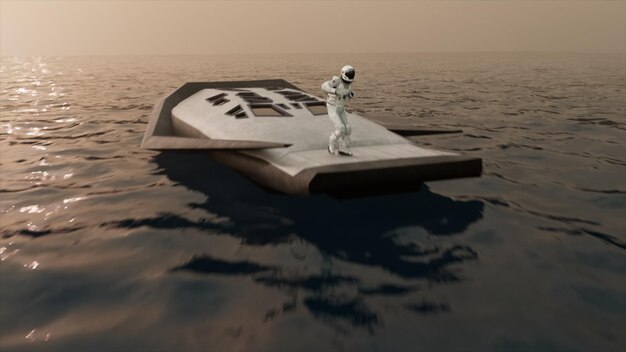 Het concept van ruimtevaart Een astronaut in een wit ruimtetuig danst op een ruimteschip in het midden van de zee