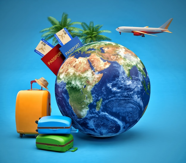 Het concept van vakantie en reizen. Earth Globe met Airline Boarding Pass Tickets, bagage en vliegtuig