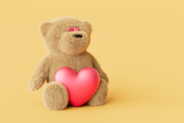 Het concept van verliefd worden teddybeer met ogen met harten die een groot hart vasthouden