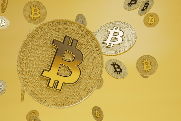 Het concept van virtuele geld abstracte achtergrond bestaande uit bitcoin patronen op een gele achtergrond 3D render