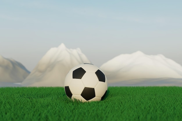 Het concept voetballen een voetbalbal in het midden van een 3D voetbalgebied geeft terug