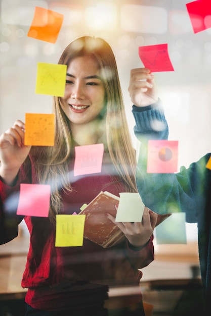 Het creatieve team van jonge zakenvrouwen dat plaknotities op de glazen wand gebruikt om een strategisch businessplan te schrijven voor ontwikkeling, groeit uit tot succes