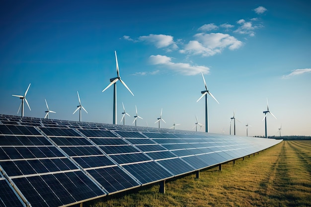 Het creëren van duurzame energie met behulp van zonnepanelen en windparken is ondernemersvriendelijk Het concept van schone en duurzame ontwikkeling Generatieve AI