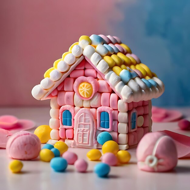 Foto het creëren van een charmant klein eetbaar huis gemaakt van marshmallows gegenereerd door ai