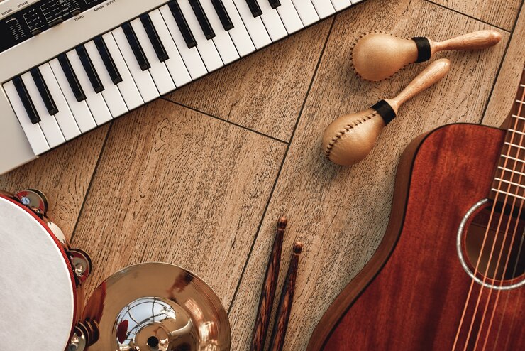 Het creëren van een melodietopweergave van muziekinstrumenten set synthesizer elektronische gitaar houten drum