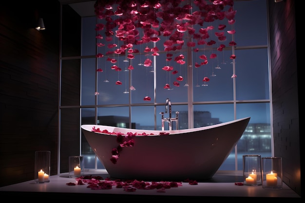 Het creëren van een romantische sfeer met rozenblaadjes in een hightech badkamer Concept Romantische sfeer Rose petals Hightech badkamer Sensory Experience Relaxation Retreat