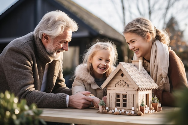 Het creëren van kostbare herinneringen Een liefdevolle familie die zich bezighoudt met het bouwen van een houten modelhuis