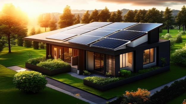 Het dak van een modern huis met milieuvriendelijke zonnepanelen in harmonie met de natuur ecologie besparing van natuurlijke hulpbronnen alternatieve energiebron AI gegenereerd