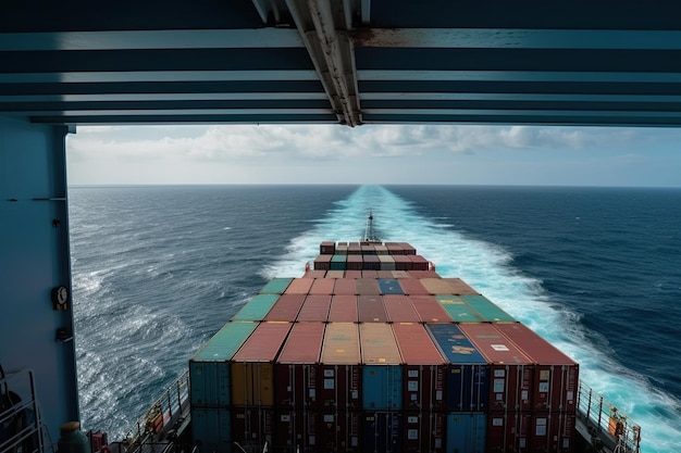Het dek van een enorm containerschip wordt getoond met rijen gestapelde containers die boven het hoofd uittorenen terwijl het schip door de open oceaan ploegt Generatieve AI