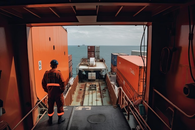 Het dek van een enorm containerschip wordt getoond met rijen gestapelde containers die boven het hoofd uittorenen terwijl het schip door de open oceaan ploegt Generatieve AI