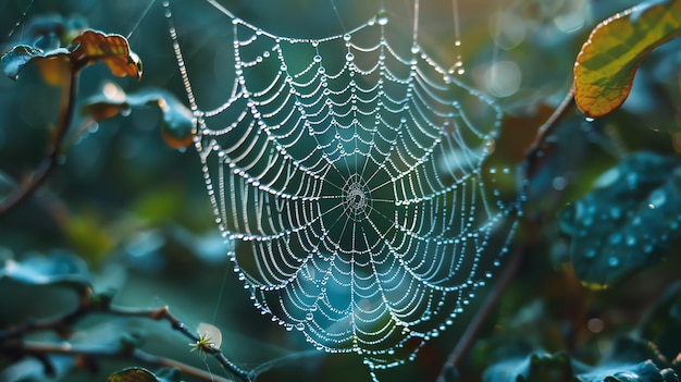 Foto het delicate en gedetailleerde spinnenweb glinstert met de ochtenddauw en creëert een betoverend natuurwonder