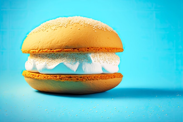 Het dessert in de vorm van marshmallow whoopie pie met slagroom op helderblauwe achtergrond