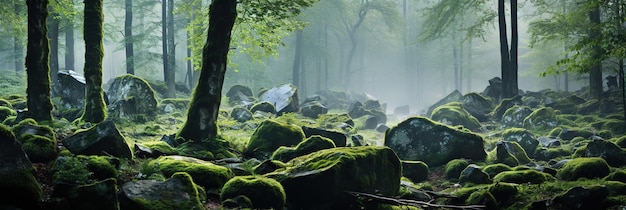 Het dichte slaperige bos met bomen tussen met mos bedekte stenen in de ochtendnevel