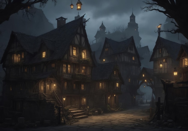 Het dorpshuisje op de nachtelijke scène.