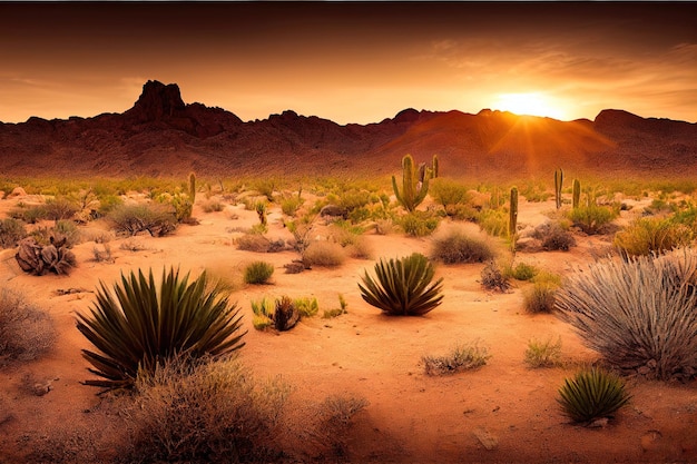 Het dorre landschap van de hete Saharawoestijn Cactussen en zand met duinen De aard van de woestijn