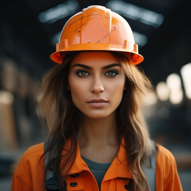 het dragen van veiligheidsuitrusting, waaronder een oranje helm, arbeid in de industrie, gegenereerd door AI