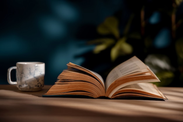 Het drinken van koffie en het lezen van boekconcept. Warme koffiekopje en geopende boek op tafel. Gezellig wonen