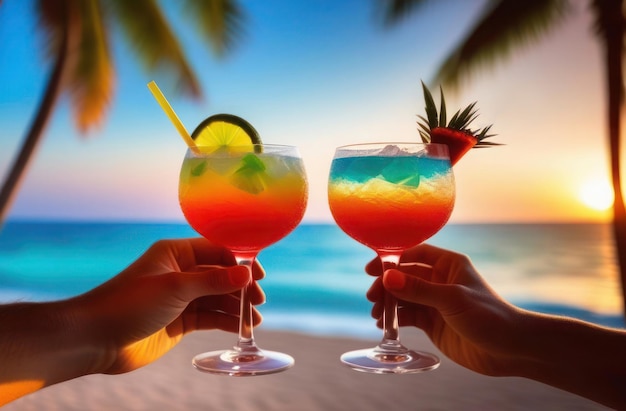 Het echtpaar houdt kleurrijke cocktails in handen.