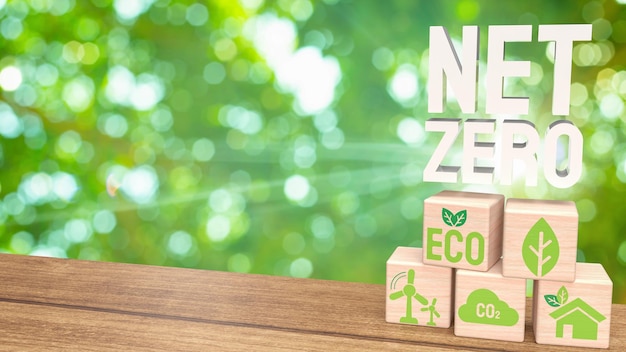 Het eco-pictogram op houten kubus voor netto nul concept 3D-rendering