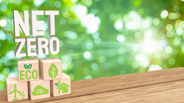 Het eco-pictogram op houten kubus voor netto nul concept 3D-rendering