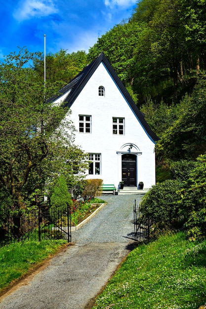 Het elegante witte huis in de voorsteden met zwart dak