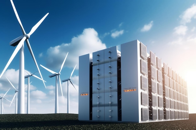 Het energieopslagsysteem in lithiumbatterijmodules, compleet met een zonnepaneel en windturbine op de achtergrond 3D-rendering Generative AI