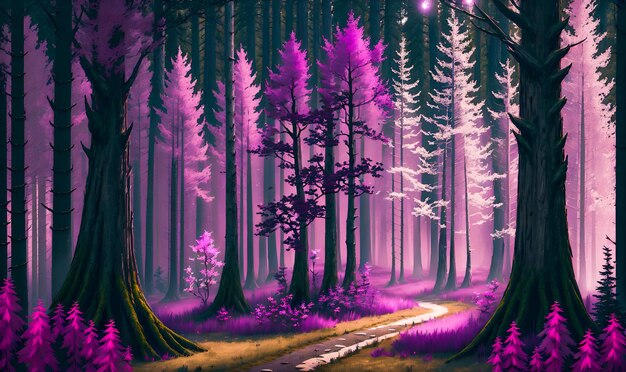 Het etherische bos Hoge bomen groeien in een mistige lichtstraal Generatieve AI van hoge kwaliteit nabewerkt
