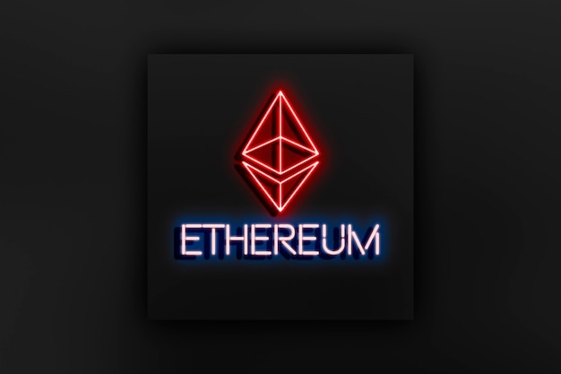 Het etherische tekst- en logo-neonbord op het abstracte crypto-valutaconcept aan de muur