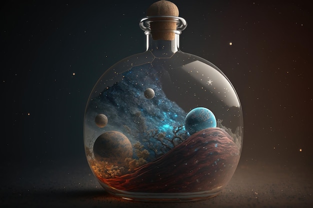 Het fantasie-universum een glazen fles Abstract magisch concept AI Generation