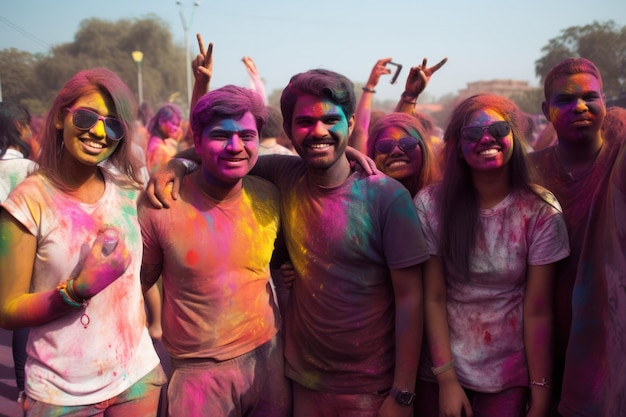 Het festival van kleuren Holi waar jonge mensen zich bedekken met levendige poeders en ze gooien