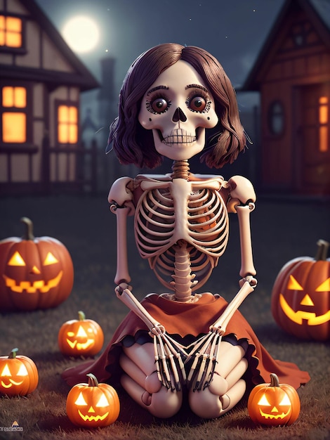 Het figuur van een skelet in een Halloween decoratie omringd door pompoenen