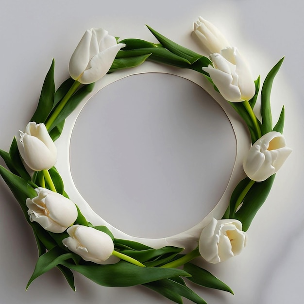 Het frame is een cirkel van witte tulpen op een lege witte achtergrond met een plek voor tekst