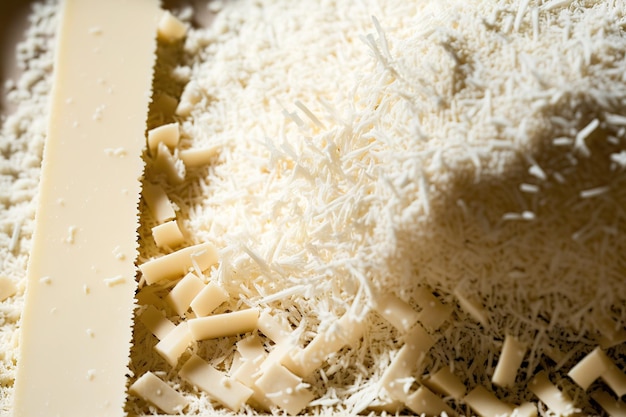 Het frame is gevuld met een close-up van geraspte mozzarellakaas die de textuur van het gerecht weergeeft