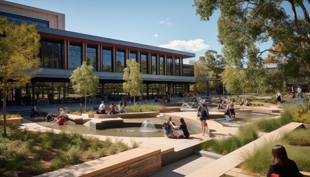 Foto het gebouw is een waterfunctie die zich in het hart van de campus bevindt.