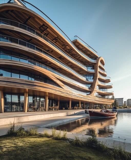 Het gebouw is gemaakt van hout en heeft een boot in het water.