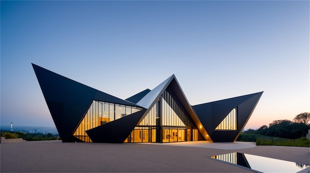 Het gebouw is gemaakt van zwart materiaal met een driehoekige vorm.