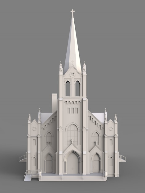 Het gebouw van de katholieke kerk, uitzicht van verschillende kanten. Driedimensionale witte illustratie op een grijs oppervlak