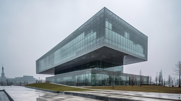 Het gebruik van glas- en metaalafwerkingen geeft dit gebouw een gestroomlijnd futuristisch gevoel dat door AI is gegenereerd