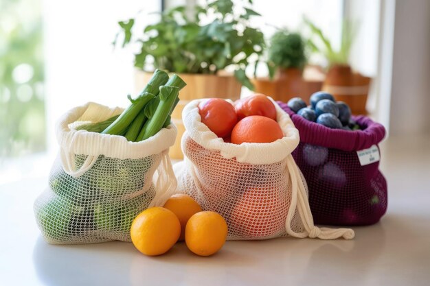 Foto het gebruik van herbruikbare matten katoenen zakken voor fruit en groenten is een plasticvrij zero-waste idee