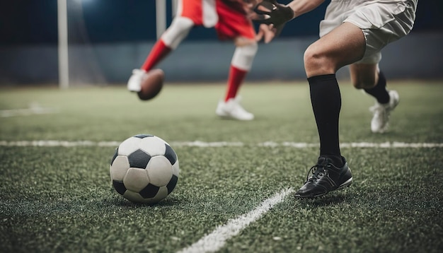 Het gekapte beeld van sporters die de bal vangen en het voetbalveld