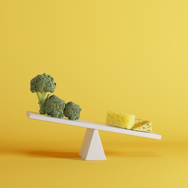 Het geschommel van de kaas met broccoligroenten op tegenovergesteld eind op gele achtergrond.