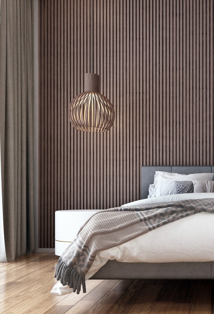 Het gezellige interieur en meubels van slaapkamer- en muurtextuur