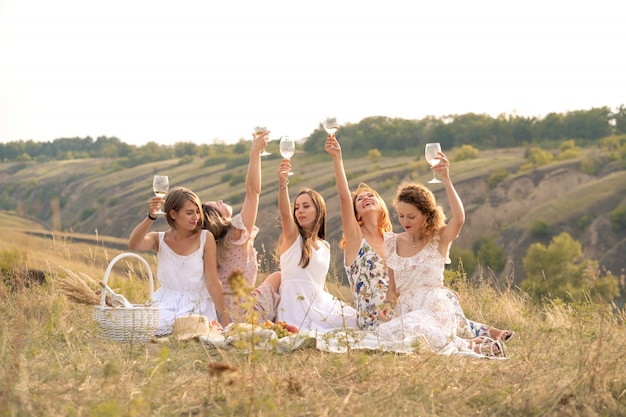 Het gezelschap van vrouwelijke vrienden die plezier hebben en genieten van een zomerse groene picknick en glazen heffen met wijn. Mensen concept.