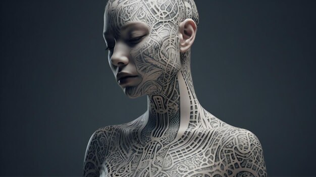 Het gezicht van de android vrouw is een prachtige 3D-weergave met een prachtig en ingewikkeld ontwerp.
