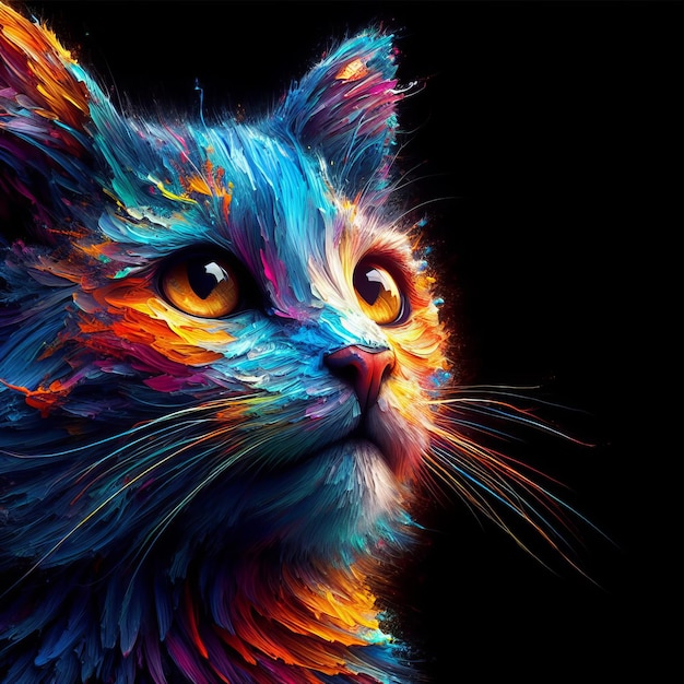 Het gezicht van een kat getekend met felle kleuren op een zwarte achtergrond