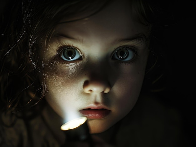 Het gezicht van een klein meisje in het donker met een zaklamp AI generatieve