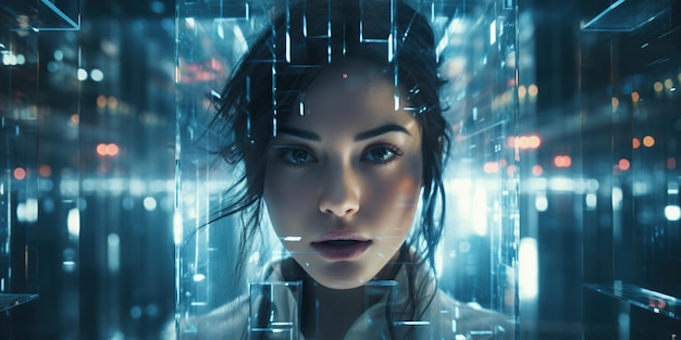 Het gezicht van een mooie vrouw staart naar de lichten te midden van een mysterieuze sfeer in het futuristische stadsbeeld rond haar AI Generatieve AI