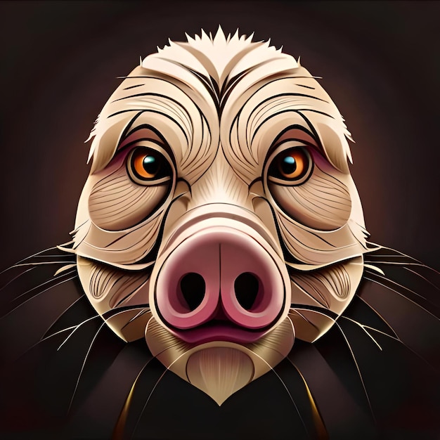 Het gezicht van een varken met een zwarte achtergrond en gele ogen.