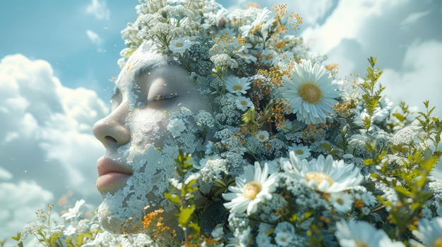 Het gezicht van een vrouw is bedekt met bloemen en het woord quote shes quote op het gezicht